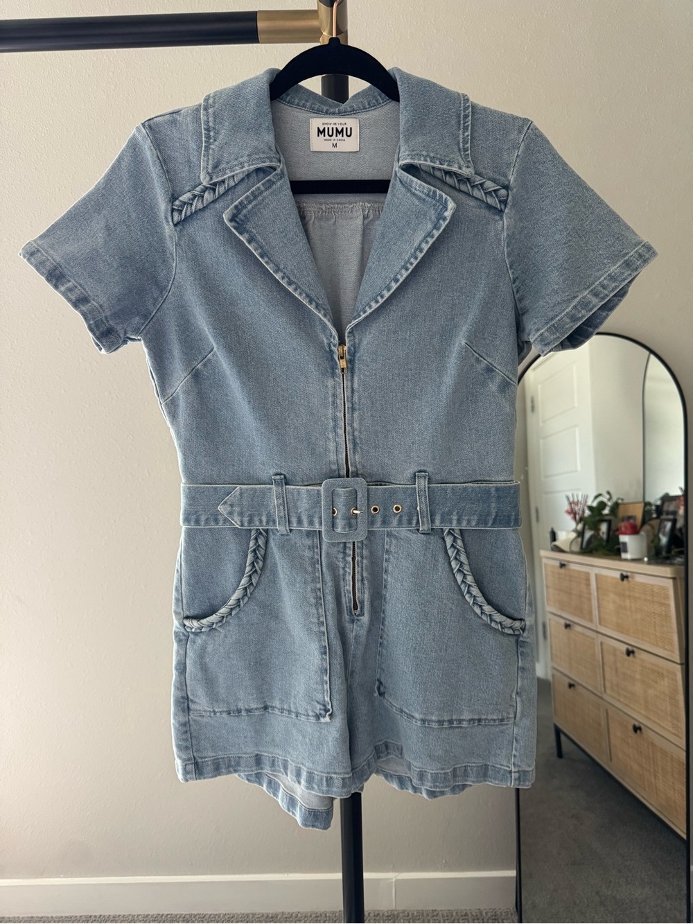 Show Me Your MuMu Light Blue Denim One-Piece Romper with Belt